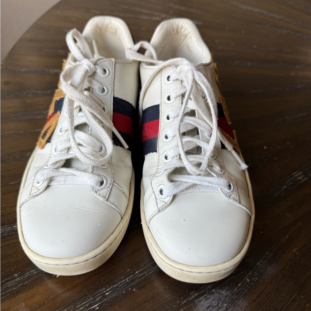 Gucci White Sneakers with Red and Blue Stripes